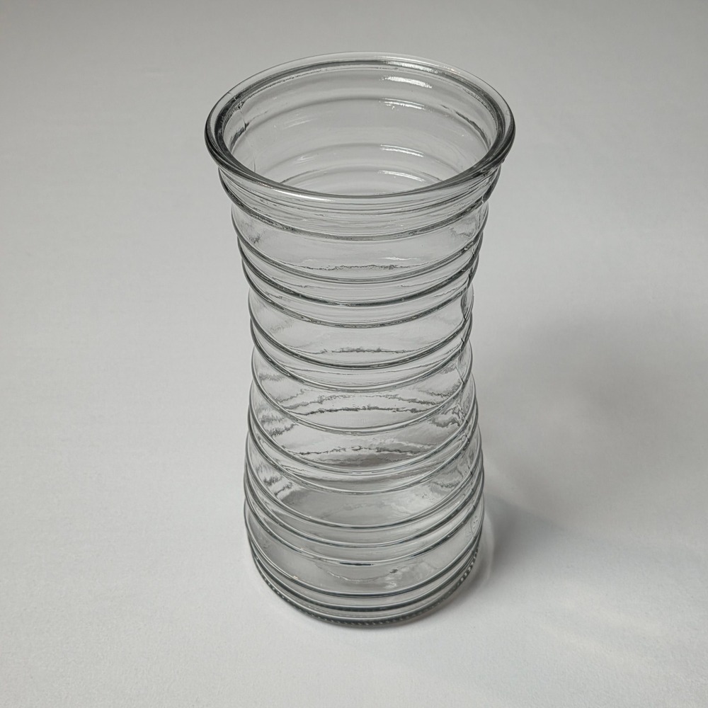 Vintage MCM Clear Ribbed Glass Vase Textured Banding 9.75 Inch Marked 42